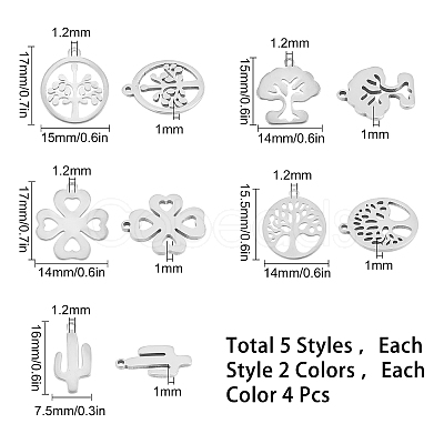 SUNNYCLUE 40Pcs 5 Style 304 Stainless Steel Charms STAS-SC0003-48-1