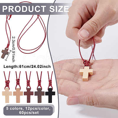 60Pcs 5 Colors Wood Cross Pendant Waxed Polyester Cord Necklaces NJEW-NB00011-1
