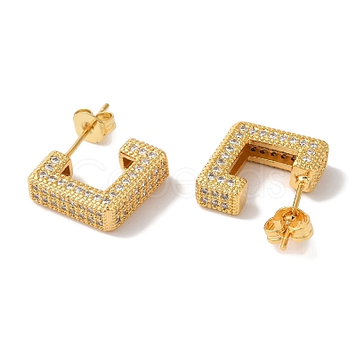 Square Box Design Brass Micro Pave Clear Cubic Zirconia Stud Earrings for Women EJEW-A110-07G-1