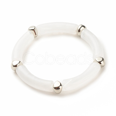 White Acrylic Curved Tube Chunky Stretch Bracelet with CCB Plastic for Women BJEW-JB08126-01-1