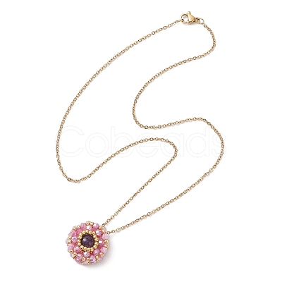 Natural Amethyst & Glass Seed Beaded Flat Round Pendant 304 Stainless Steel Cable Chain Necklaces NJEW-MZ00129-03-1