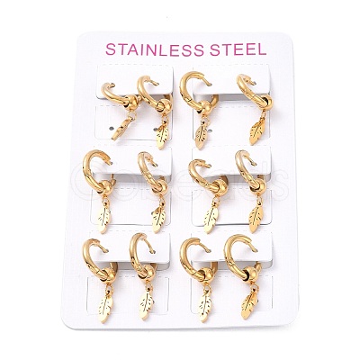 6Pairs PVD Vacuum Plating 201 Stainless Steel Feather Dangle Hoop Earrings with 304 Stainless Steel Pin for Women EJEW-F280-02G-1