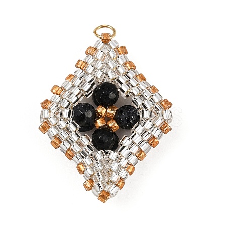 Faceted Round Synthetic Blue Goldstone & Handmade Glass Seed Beaded  Pendants PALLOY-MZ00757-01-1