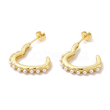 Rack Plating Brass Heart Stud Earrings with Plastic Imitation Pearl Beaded for Women EJEW-G342-17G-1