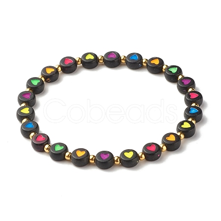 Flat Round with Heart Beaded Stretch Bracelet for Women BJEW-JB07552-03-1