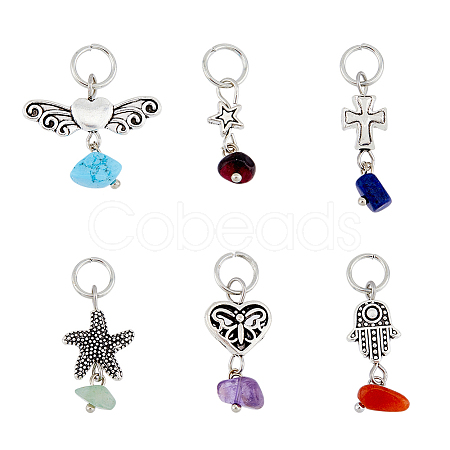 6 Sets 6 Styles Chakra Natural & Synthetic Mixed Stone Chips Alloy Pendants FIND-FH0006-29-1
