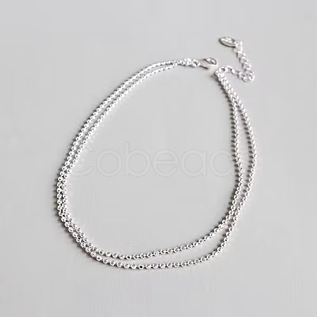 Anti-Tarnish Rhodium Plated 925 Sterling Silver Multi-strand Ball Chain Anklet with Tiny Oval Charm JA190A-1