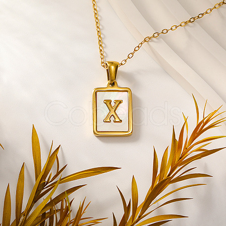 Rectangle 304 Stainless Steel Pave Natural White Shell Initial Pendant Necklaces for Women FS-WGB5EDA-24-1
