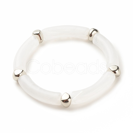 White Acrylic Curved Tube Chunky Stretch Bracelet with CCB Plastic for Women BJEW-JB08126-01-1