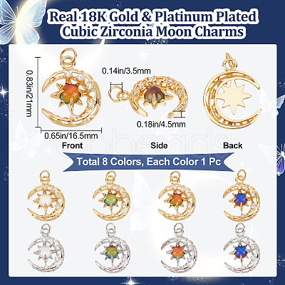 8Pcs 8 Colors Brass Micro Pave Clear Cubic Zirconia Glass Pendants KK-BBC0003-79-1