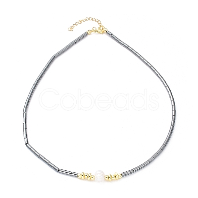 Synthetic Hematite & Natural Pearl Beaded Necklace NJEW-M201-02B-1