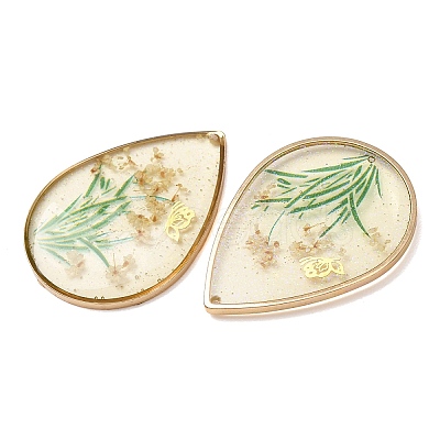 Brass & Transparent Epoxy Resin & Dried Flower Pendants RESI-G133-02G-04-1