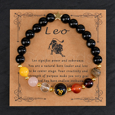 12 Zodiac Sign Natural Black Obsidian Round Beads Stretch Bracelets for Men Women WG228FC-05-1