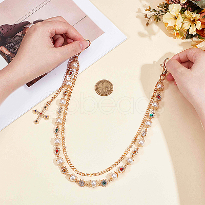 1Pc Alloy Colorful Rhinestone Flower & Plastic Pearl Link Chain Double Layer Pants Chains with Cross Charms AJEW-GF0012-75-1