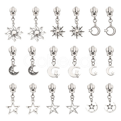 18Pcs 9 Styles Alloy Replacement Zipper Sliders with Sun Moon Star Charms HJEW-TAC0088-1