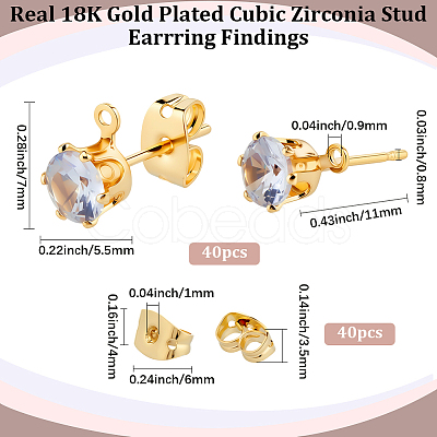 40Pcs Brass Micro Pave Clear Cubic Zirconia Stud Earring Findings KK-BBC0022-23-1