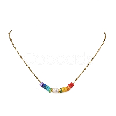 Chakra Natural Freshwater Shell Heishi Beaded 304 Stainless Steel Satellite Chain Necklaces with Natural Pearl for Women NJEW-JN06515-1