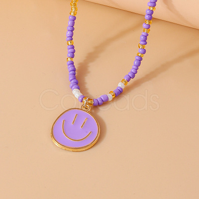 Alloy Enamel Smiling Face Pendant Glass Seed Beaded Necklaces for Women FS-WGD322E-01-1
