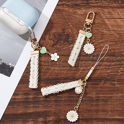 DELORIGIN 12Pcs 3 Style Alloy Enamel Mobile Straps Pearl Flower Lanyard Wrist KEYC-DR0001-12-1