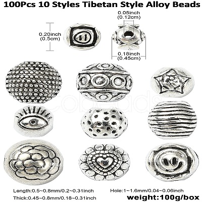100Pcs 10 Styles Tibetan Style Alloy Beads FIND-CJ0003-19-1