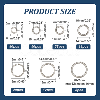 PandaHall Elite 226Pcs 7 Styles 304 Stainless Steel Open Jump Rings STAS-PH0005-53-1