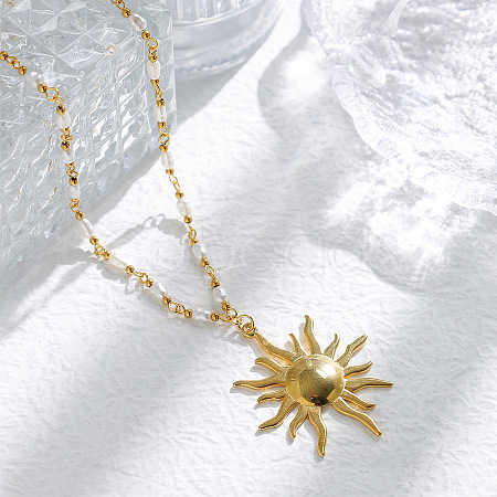 304 Stainless Steel with ABS Imitation Pearl Sun Pendant Necklaces NJEW-Z107-01G-1