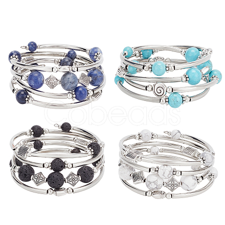 4Pcs 4 Style Natural Mixed Gemstone Round Beaded Wrap Bracelet Set BJEW-AN0001-35-1