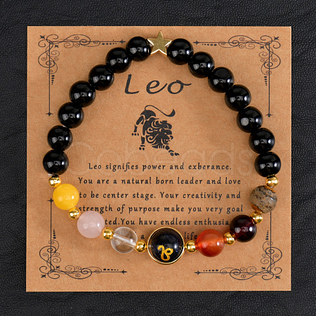 12 Zodiac Sign Natural Black Obsidian Round Beads Stretch Bracelets for Men Women WG228FC-05-1