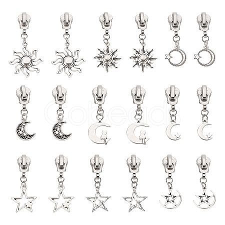 18Pcs 9 Styles Alloy Replacement Zipper Sliders with Sun Moon Star Charms HJEW-TAC0088-1