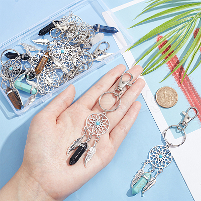 10Pcs Woven Net/Web with Feather Alloy Pendant Decorations HJEW-NB0001-83-1