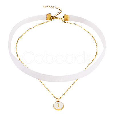 Alloy Enamel Letter Pendant Single Face White Velvet Ribbon & Brass Chain Double Layered Choker Necklaces NJEW-TAC0035-1