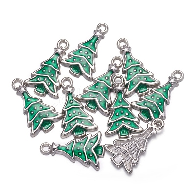 Medium Sea Green Christmas Tree Enamel Alloy Pendants X-EAP0307Y-1