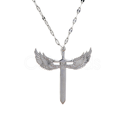 Brass Clear Cubic Zirconia 3D Cute Wing Sword Pendant Necklaces for Daily Wear GF5627-2-1