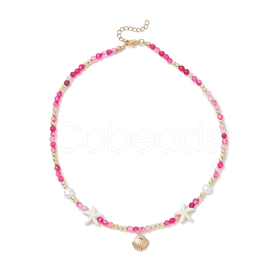Dyed Natural Agate Faceted Round and Natural Cultured Freshwater Pearl & Starfish Synthetic Turquoise Beaded Brass Shell Shape Pendant Necklaces for Women NJEW-JN05496-01-1