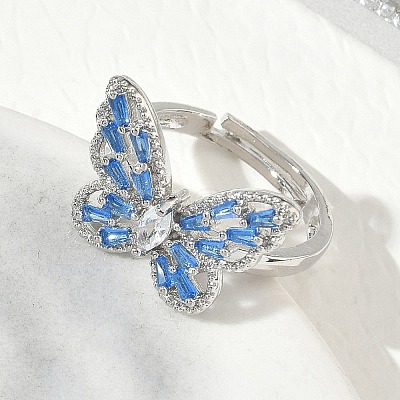 Adjustable Brass Butterfly Finger Rings with Light Blue Cubic Zirconia CU-CBA7E55-18P-02-1