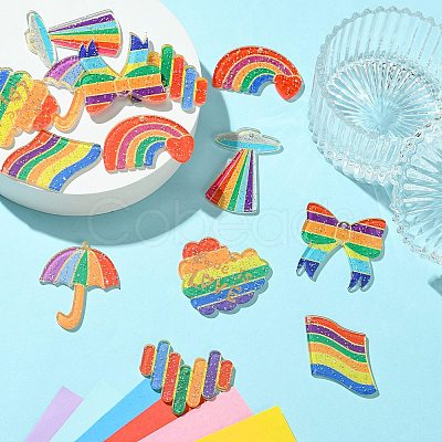 14Pcs 7 Shapes Rainbow Style Printed Acrylic Glitter Powder Pendants OACR-CJ0001-93-1