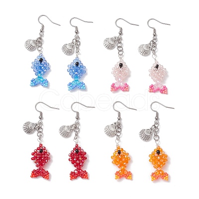 Fish with Shell Shape 304 Stainless Steel Glass Beads Dangle Earrings EJEW-MZ00436-1