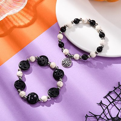 2Pcs Glass & Synthetic Turquoise Beads Stretch Bracelets BJEW-JB12483-02-1