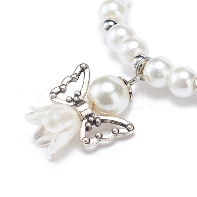 Glass & Plastic Imitation Pearl Beaded Stretch Bracelet with Alloy Fairy Charm for Women BJEW-JB08704-1