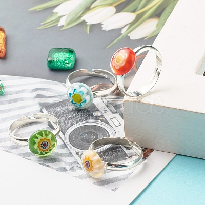 Flower Flat Round Millefiori Glass Adjustable Ring RJEW-JR00407-1