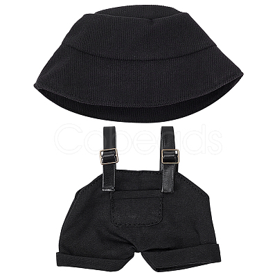 1Pc Cotton & PU Leather Suspender Trousers and 1Pc Cloth Bucket Hat for Dolls Accessories DOLL-WR0001-05B-1