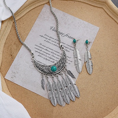 Vintage Ethnic Bohemian Style Alloy & Resin Pendant Necklace & Dangle Earrings Sets FS-WGADC17-01-1