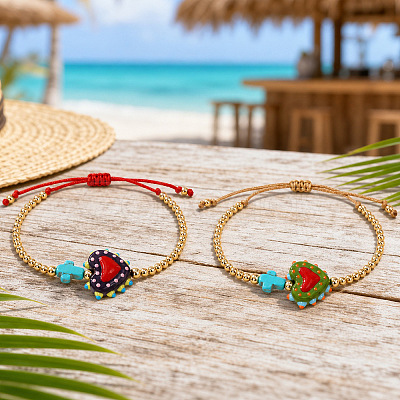 2Pcs 2 Colors Dyed Synthetic Turquoise Cross and Glass Heart Braided Bead Bracelets for Women PE0777-1-1