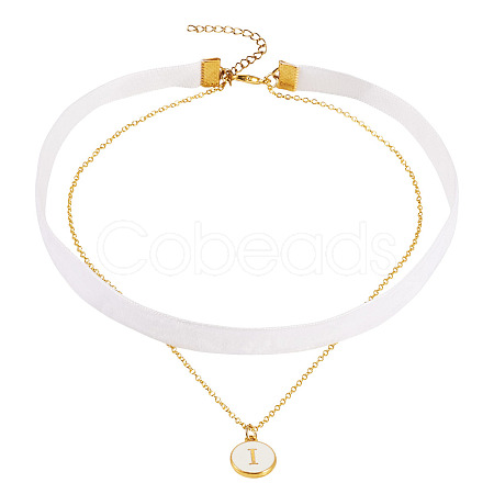 Alloy Enamel Letter Pendant Single Face White Velvet Ribbon & Brass Chain Double Layered Choker Necklaces NJEW-TAC0035-1