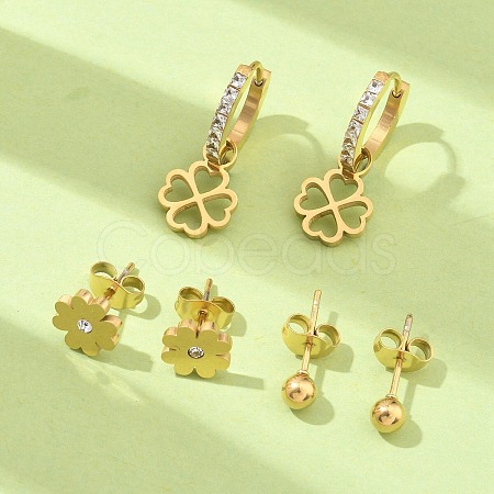 304 Stainless Steel Rhinestone Clover & Round Earring Sets EJEW-Z098-13G-1