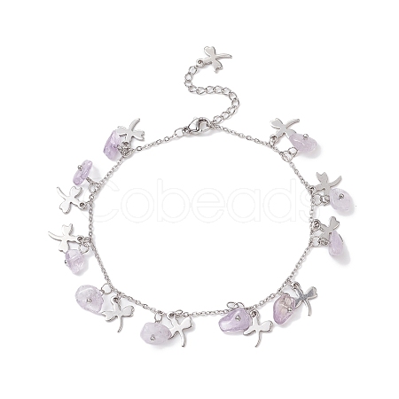 Natural Amethyst Chips & Dragonfly Charms Anklet AJEW-AN00512-08-1