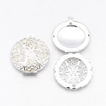 Flat Round Brass Diffuser Locket Pendants X-KK-J010-S-1