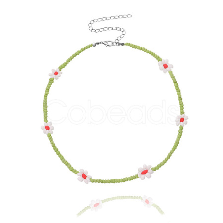 Bohemian Daisy Flower Glass Seed Beaded Necklaces with Alloy End Chains FS-WGC49A6-10-1