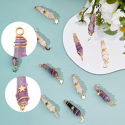 12Pcs 6 Styles Natural Amethyst & Rose Quartz Pointed Copper Wire Wrapped Faceted Bullet Big Pendants PALLOY-FH00151-1