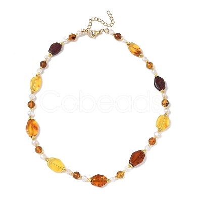 Gradient Color Natural Amber Rhombus & Round Glass & Natural Pearl Beaded Necklaces with 304 Stainless Steel End Chains NJEW-JN06047-1